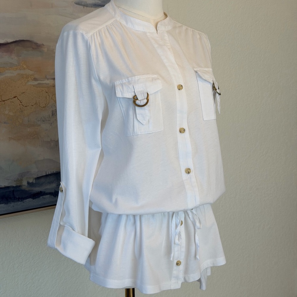Michael Kors White Cotton Utility Shirt with Gold MK Hardware & Drawstring Waist - Picture 4 of 16